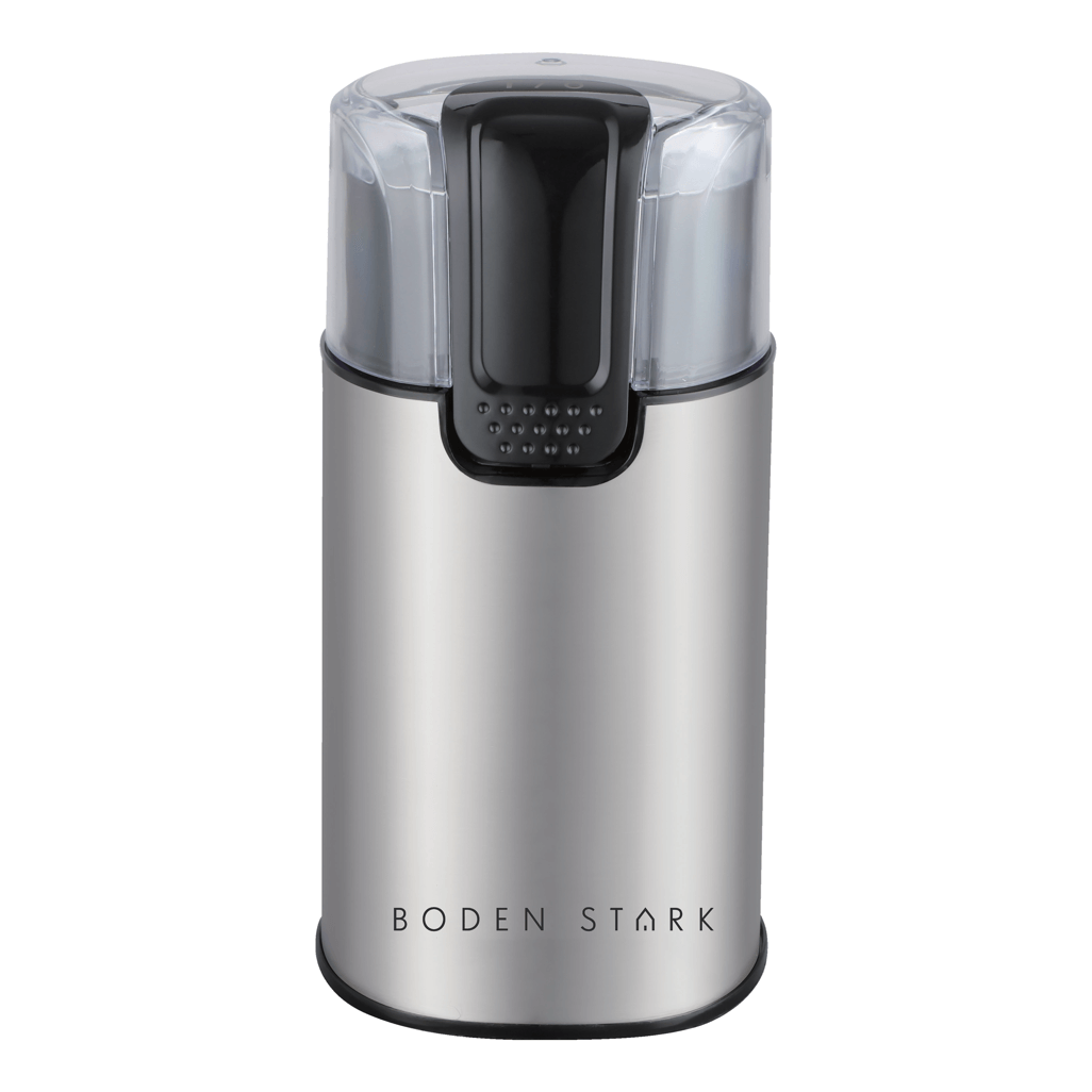 Boden Stark Coffee and Spice Grinder in stainless steel with transparent lid for efficient grinding.