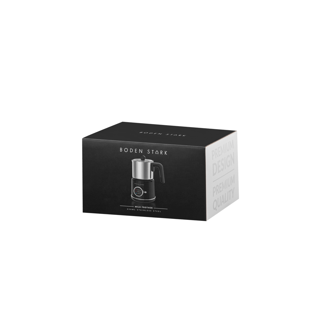 Boden Stark Milk Frother packaging showcasing premium design and quality, perfect for frothing milk for coffee drinks.