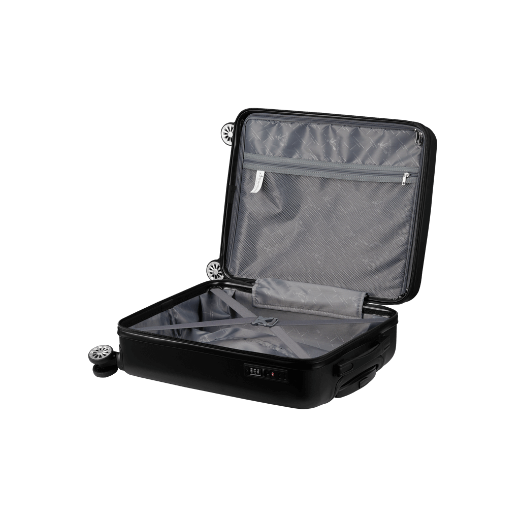 Interior view of the Travelwize Maple ABS 65cm black spinner luggage, showcasing spacious compartments and organizational features.