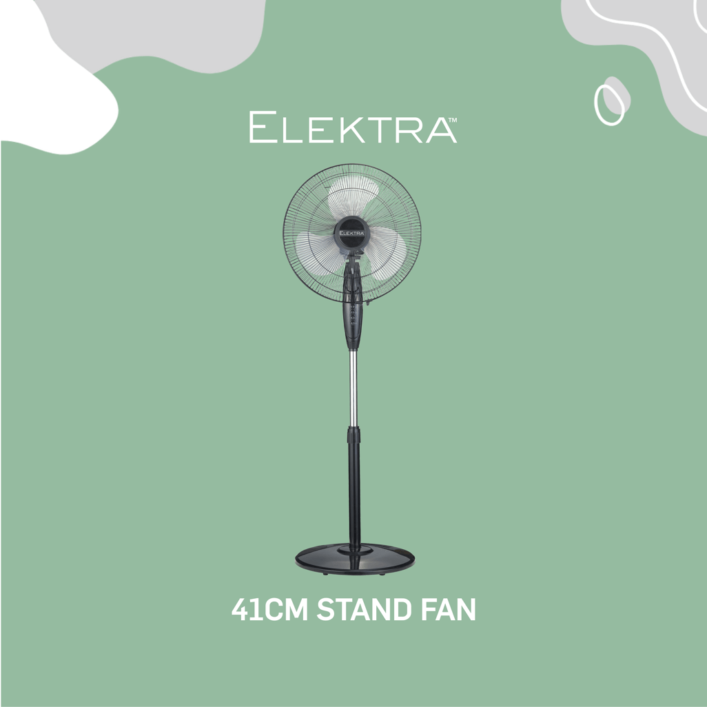 Elektra 41cm Stand Fan on a green background, perfect for home cooling and ventilation.