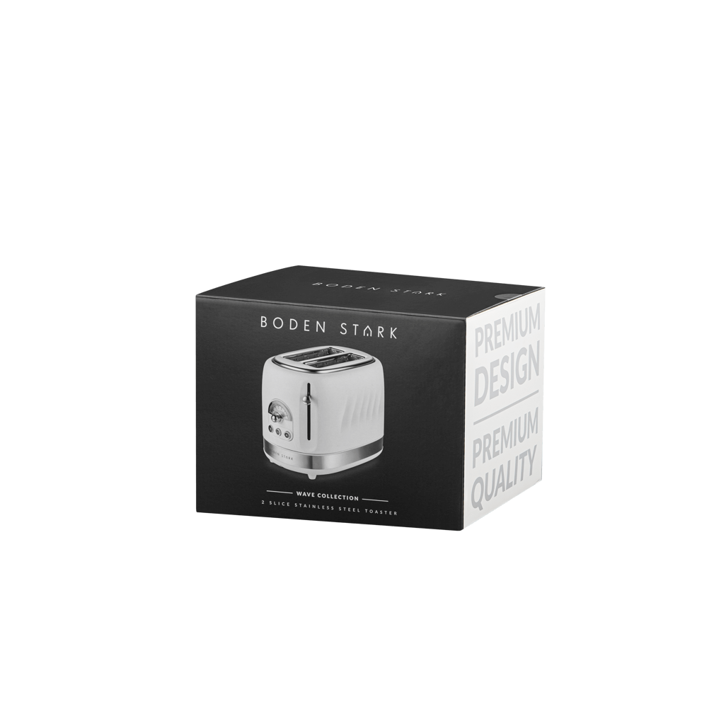 Boden Stark 2 Slice Stainless Steel Toaster in white packaging, showcasing premium design and quality.