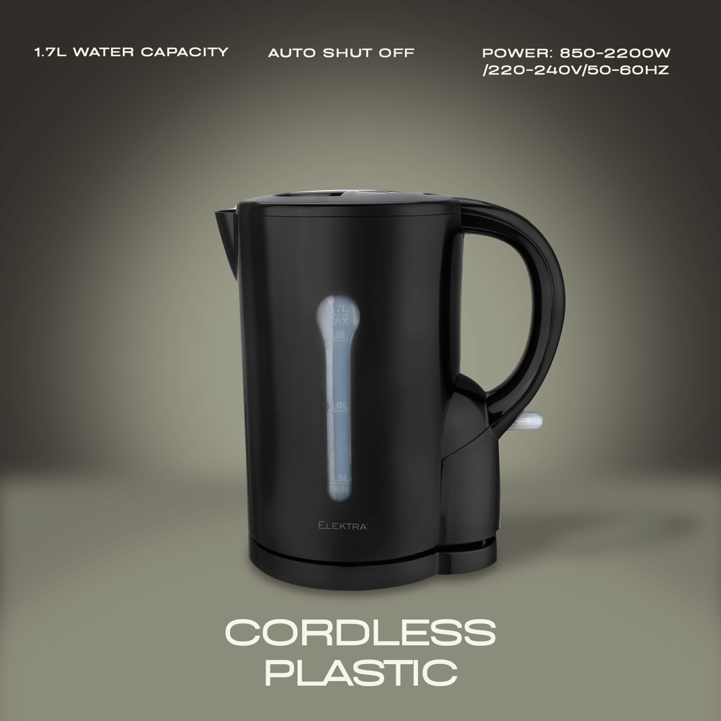 ELEKTRA 1.7L cordless kettle, plastic design, auto shut off, 850-2200W power for rapid boiling.