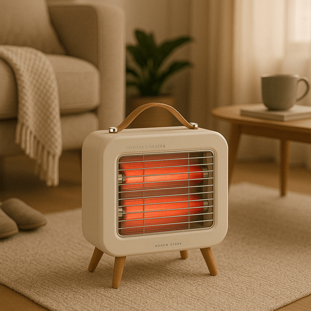 Boden Stark Infrared Bar Heater in a cozy living room setting with warm glowing elements.
