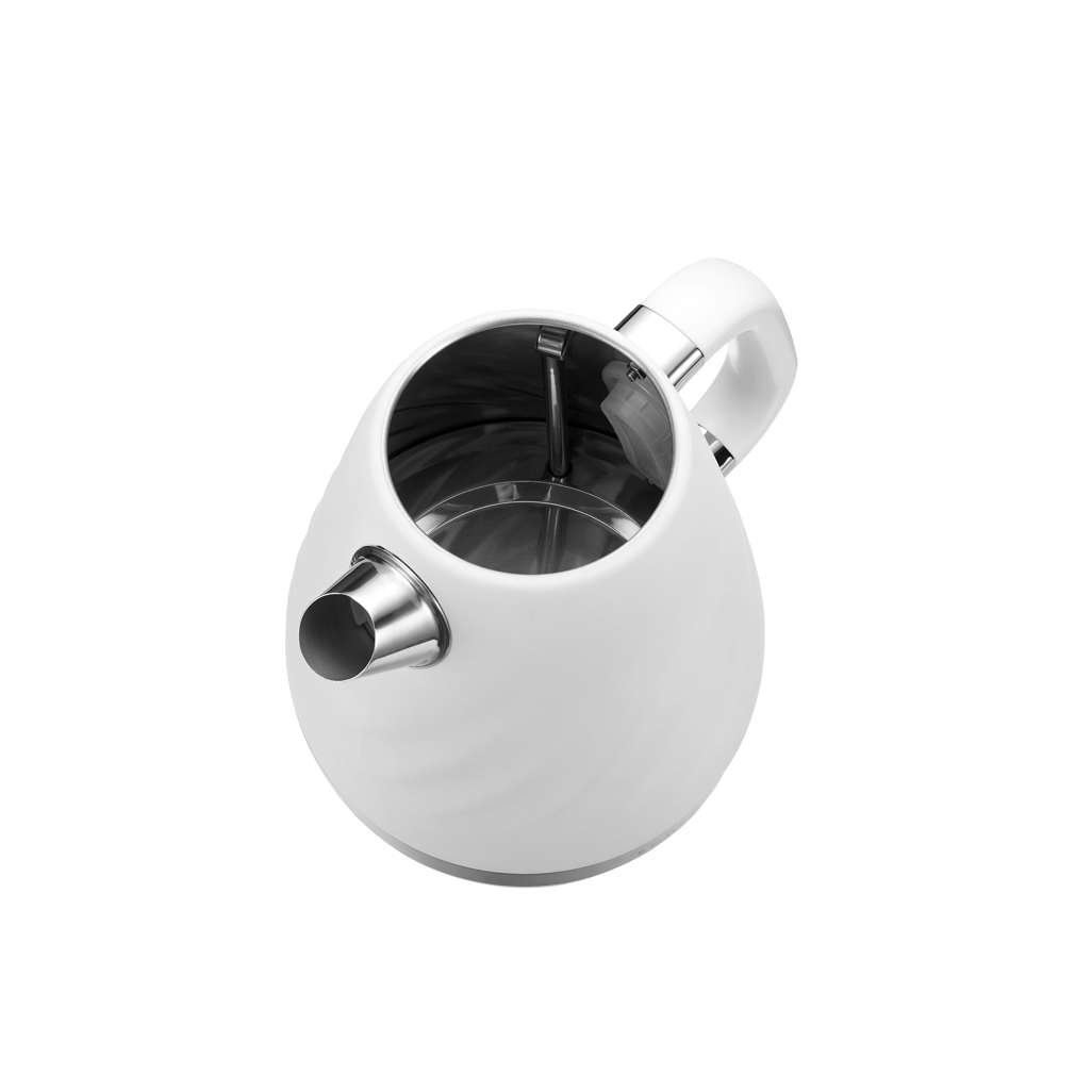 Boden Stark 1.7L stainless steel kettle in white, top view showcasing sleek design and shiny spout.