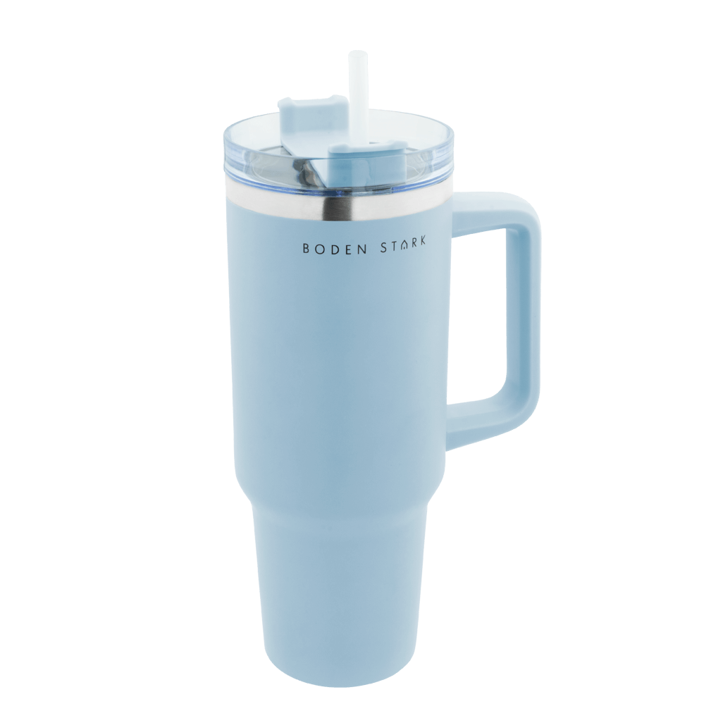 Boden Stark 1200ml Travel Mug in Blue with lid and straw for easy sipping on the go.