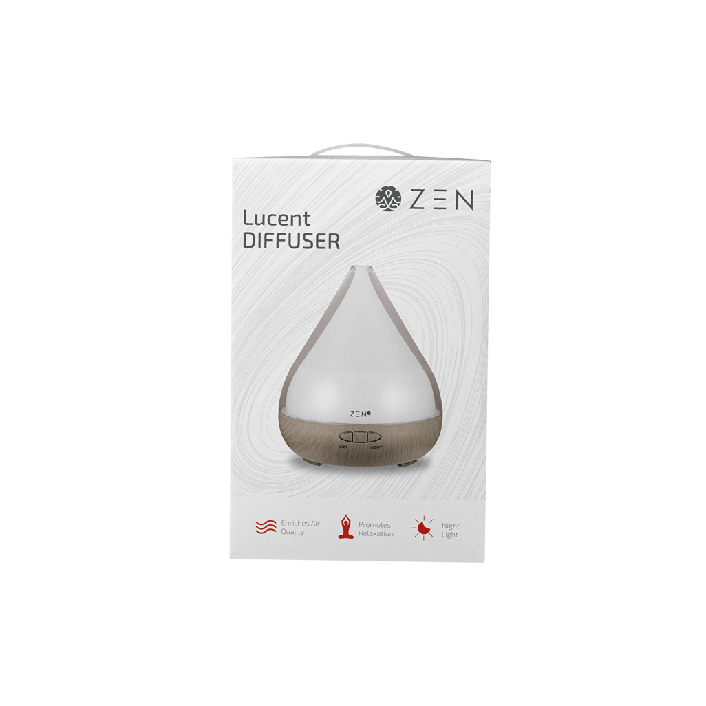 Zen Lucent Diffuser in Grey packaging, designed to enhance air quality and promote relaxation with a night light feature.