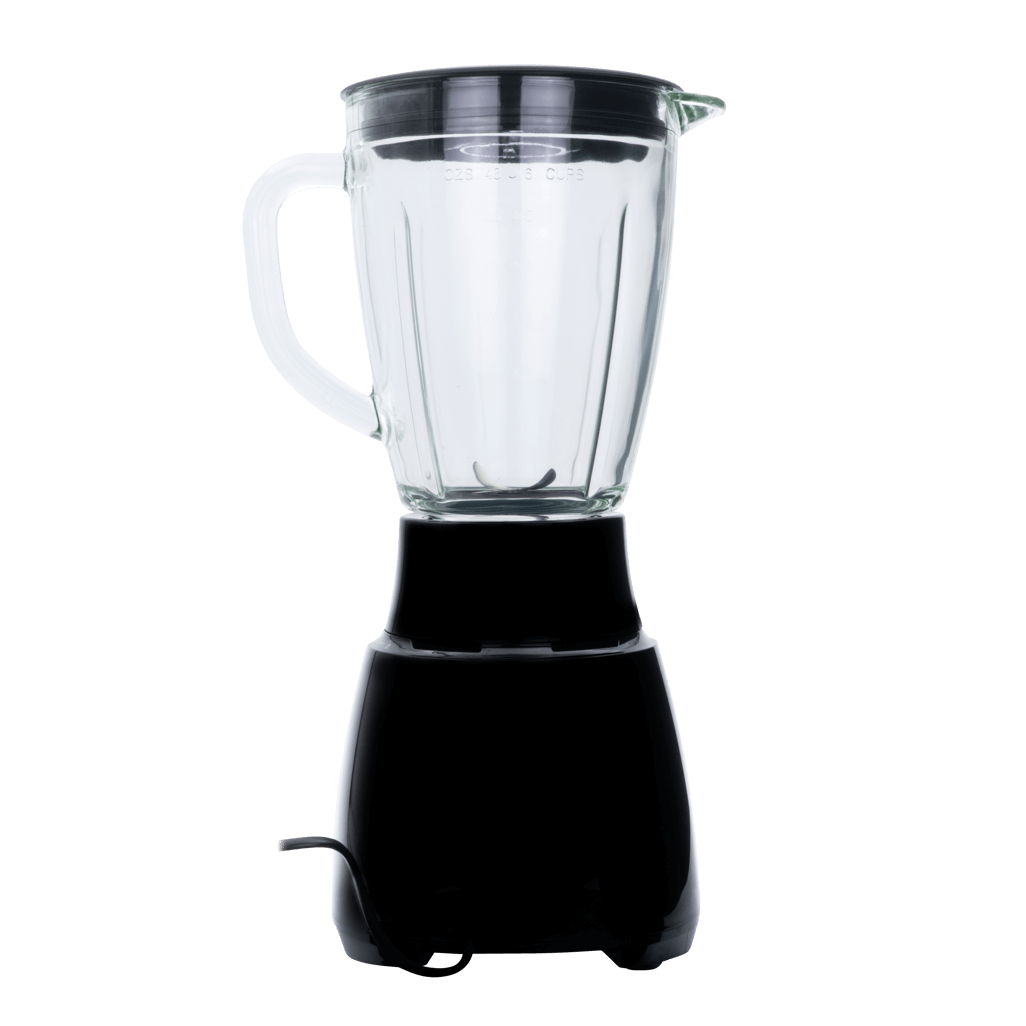 ELEKTRA 500W 1.5L glass jug blender with sleek black base for blending smoothies and soups.