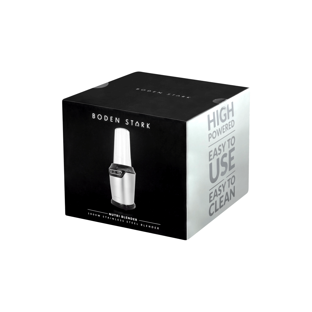 Boden Stark 1000W Nutri Blender packaging, showcasing high-powered, easy-to-use, and easy-to-clean features.