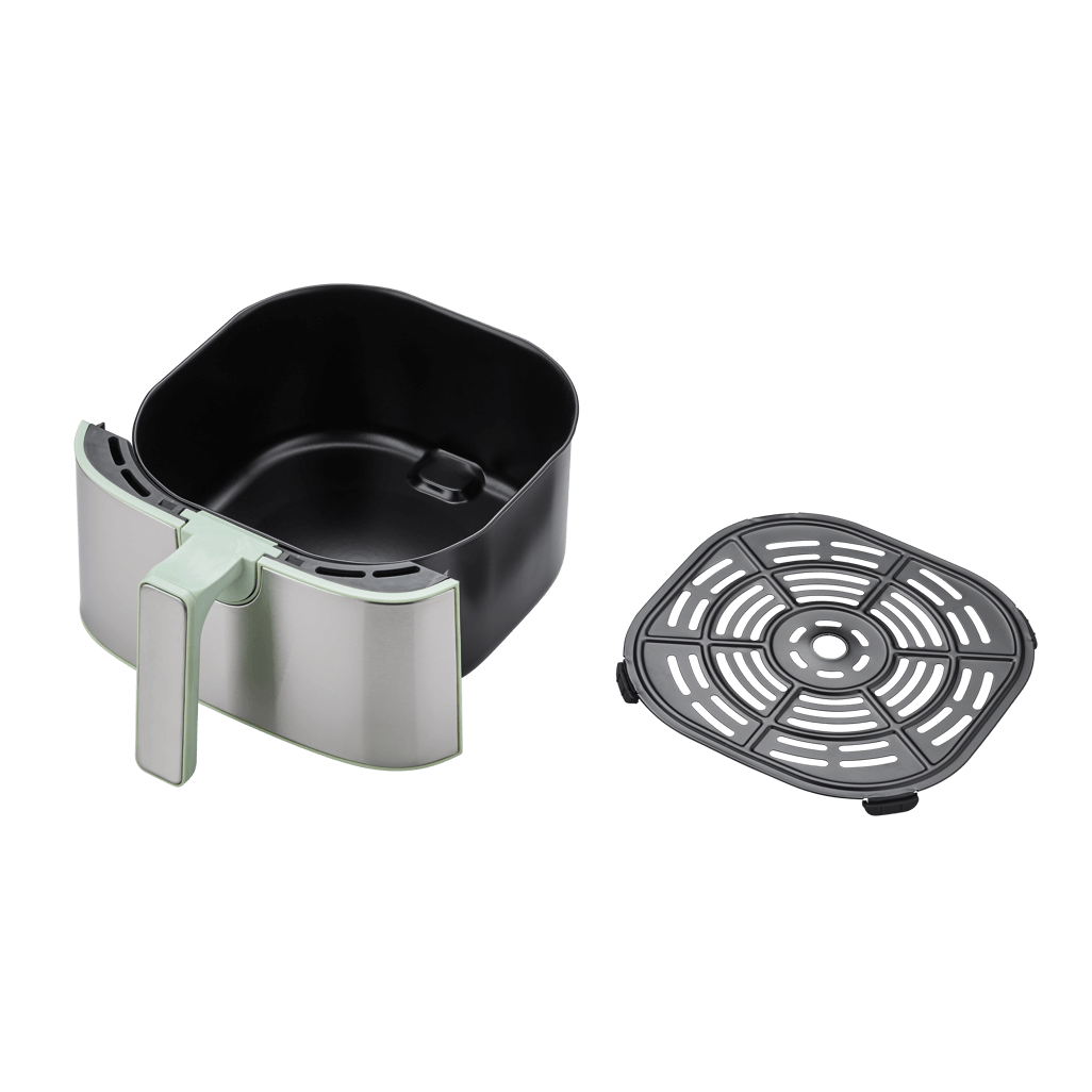Boden Stark 5.0L Digital Air Fryer in green with removable cooking basket and tray on black background.