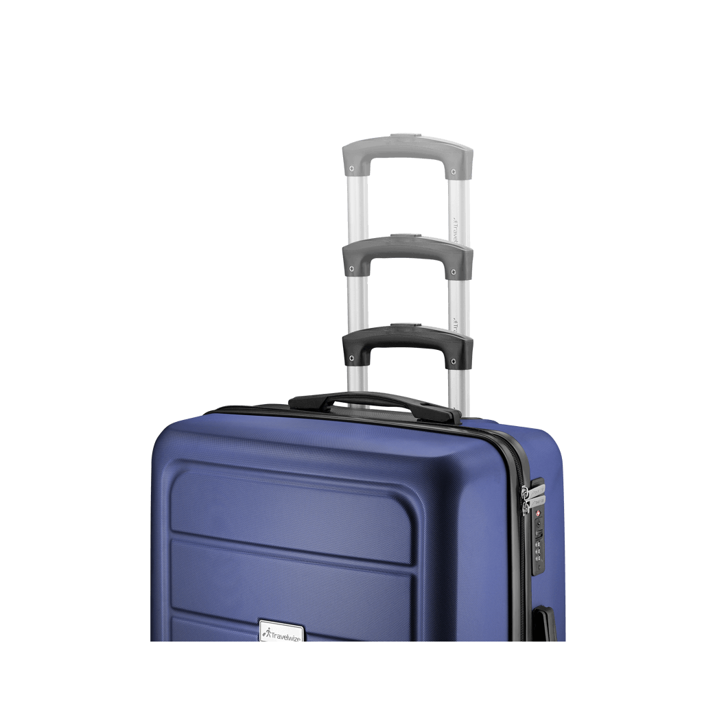 Close-up of Travelwize Maple Navy ABS luggage with extended telescopic handle and smooth spinning wheels.