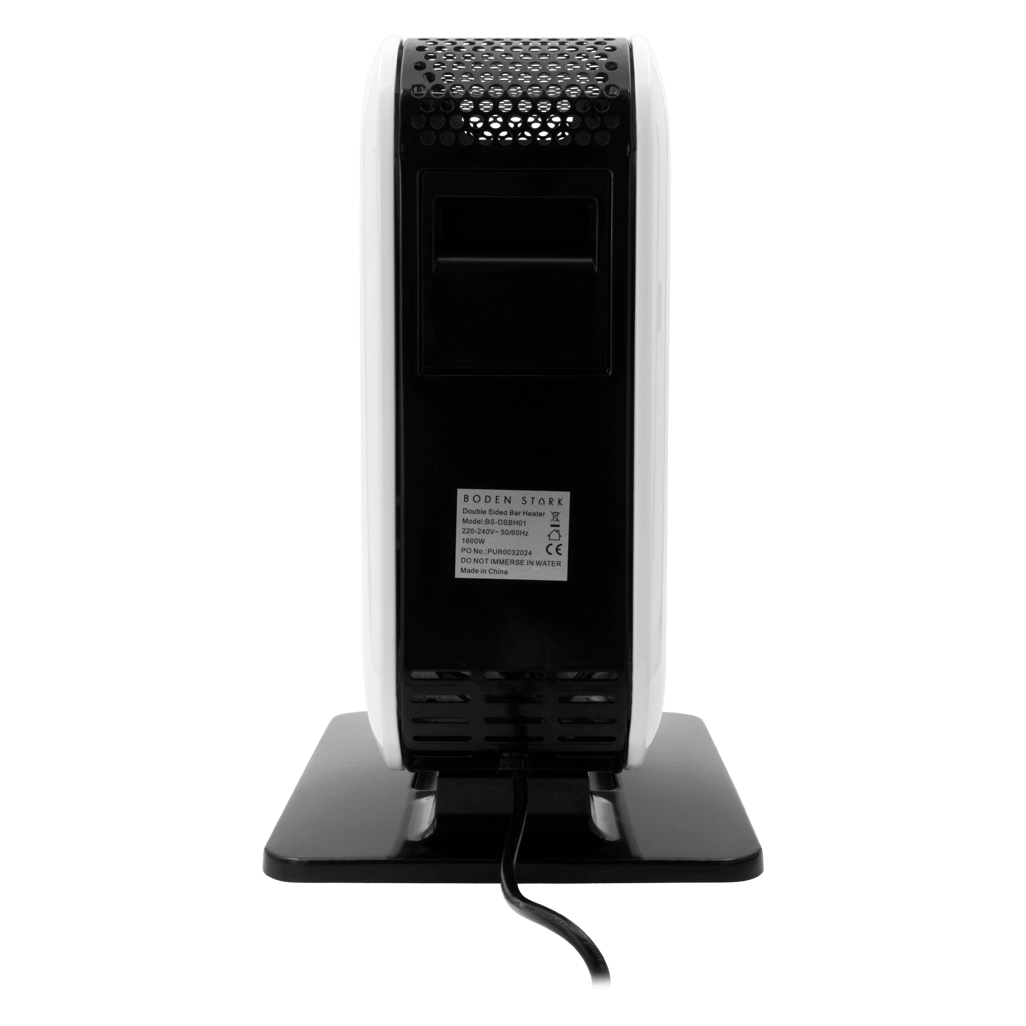 Boden Stark Double Sided Bar Heater rear view showcasing sleek design and power specifications.