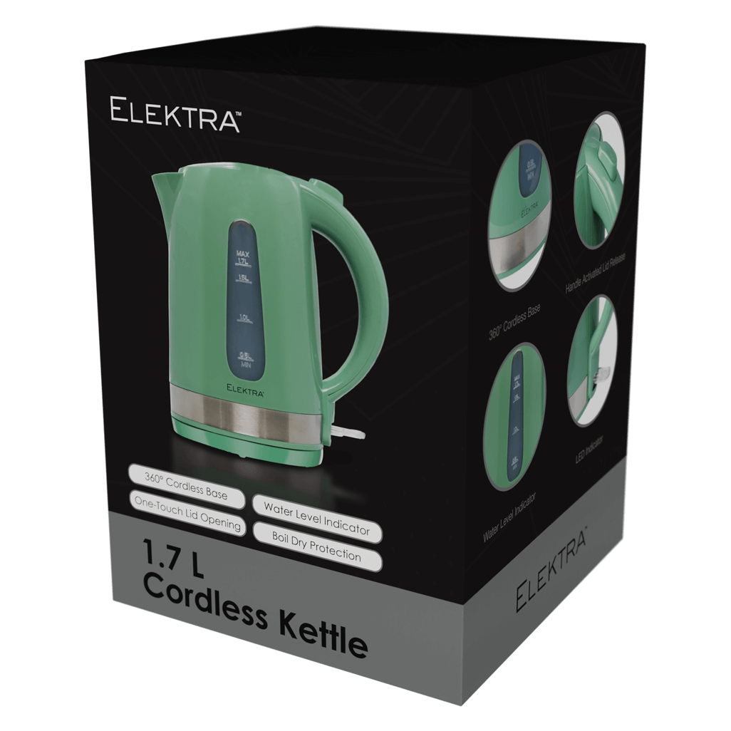 ELEKTRA 1.7L cordless kettle in green with features like 360° base and water level indicator.