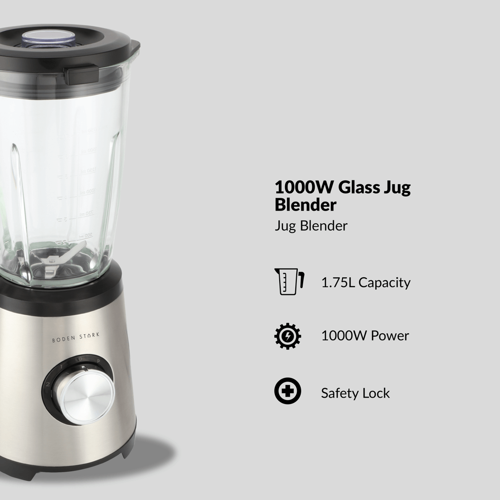 Boden Stark 1000W Glass Jug Blender with 1.75L capacity and safety lock for smoothies and soups.