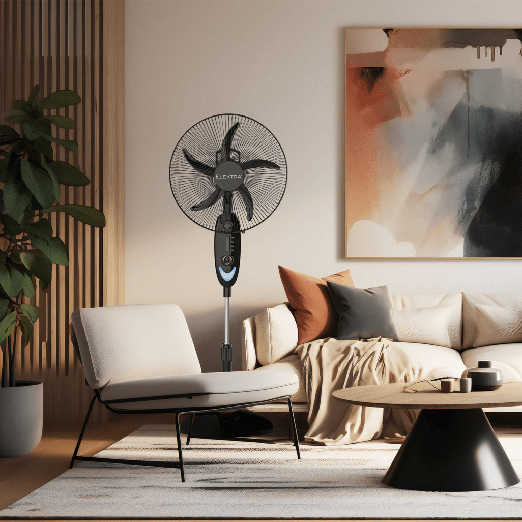 ELEKTRA 2707 EVERLAST+ stand fan in a stylish living room setup with modern decor and plants.