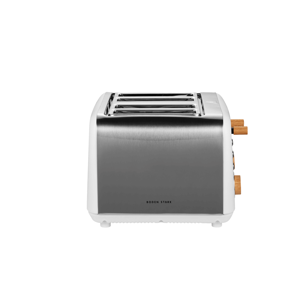 Boden Stark Anson Collection 4 Slice Toaster in sleek stainless steel with red oak knobs, featuring 7 browning levels.