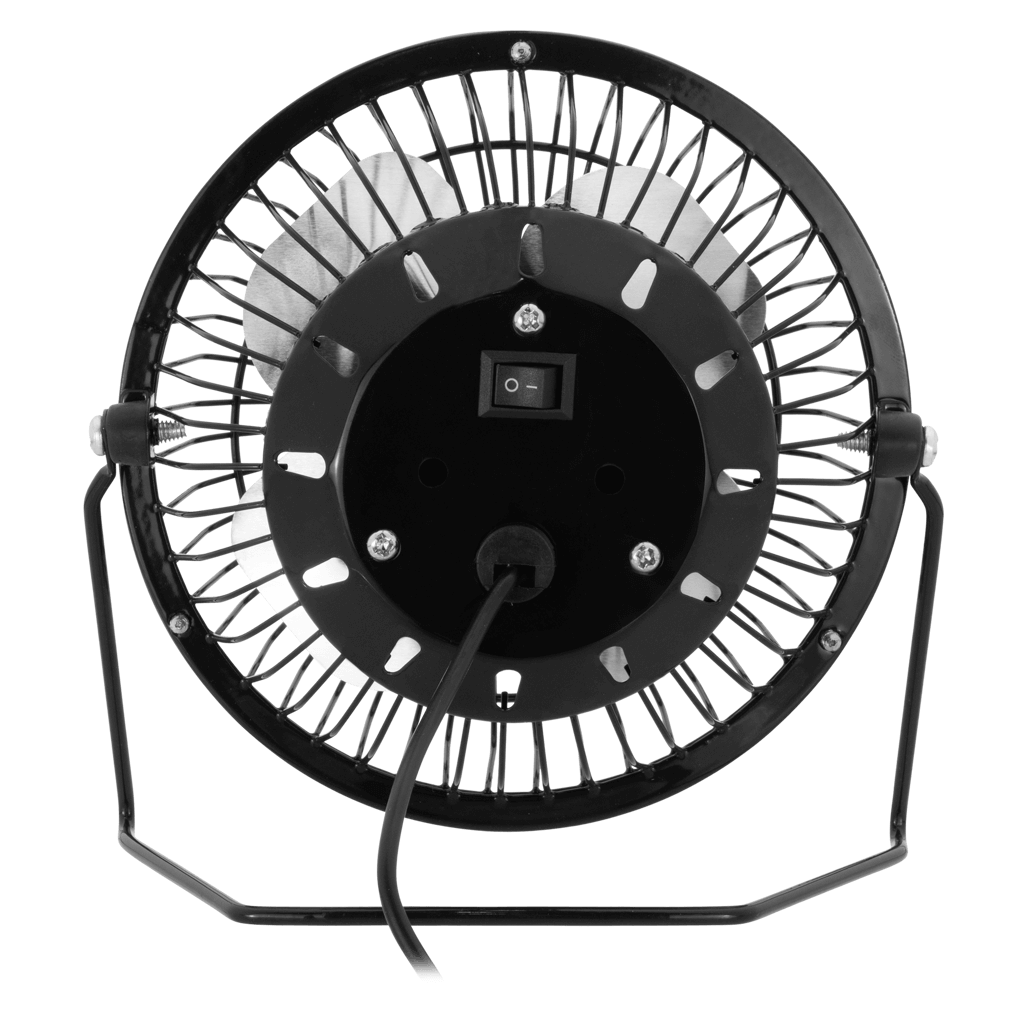 Back view of ZEN Cool series 4 inch Mini Desk Fan in black, showcasing its sleek design and operational switch.
