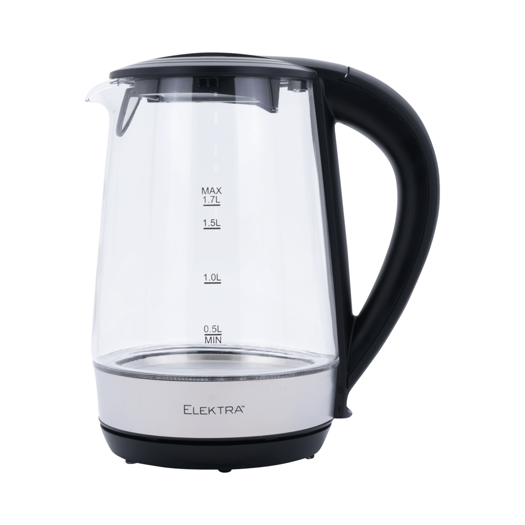 ELEKTRA 1.7L glass kettle with a sleek design, 2200W fast boil and 360° cordless base for easy use.