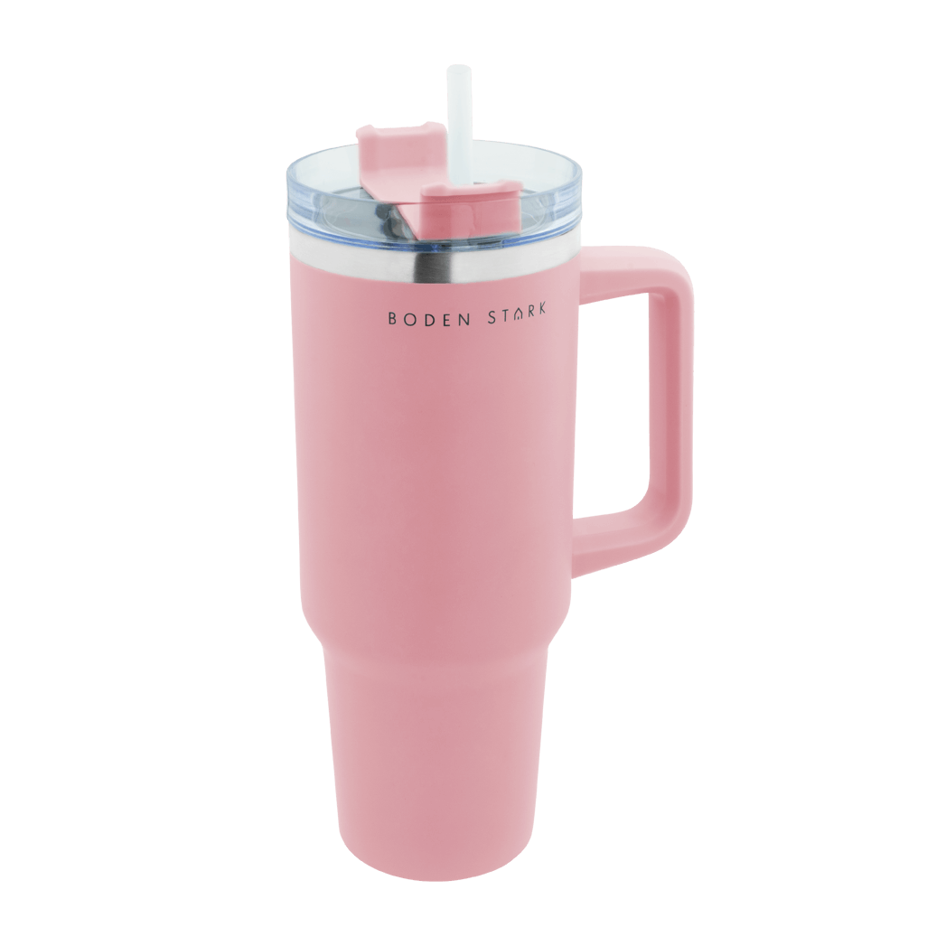 Boden Stark 1200ml pink travel mug with handle and straw, perfect for on-the-go drinks.