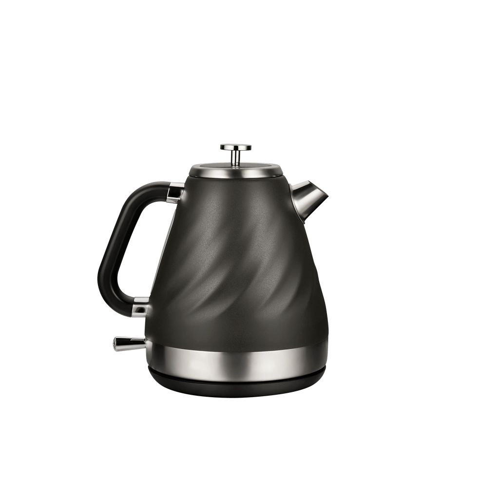 Boden Stark 1.7L charcoal stainless steel kettle with a sleek design and ergonomic handle, perfect for modern kitchens.