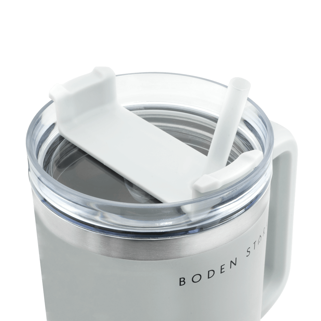 Boden Stark 1200ml Travel Mug in Grey, featuring a secure lid and built-in straw for convenient hydration on-the-go.