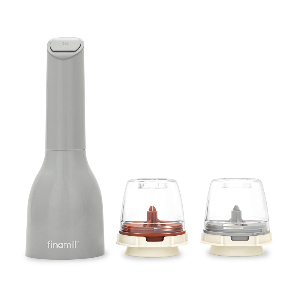 FINAMILL battery-operated grinder with two detachable containers for grinding spices and grains.