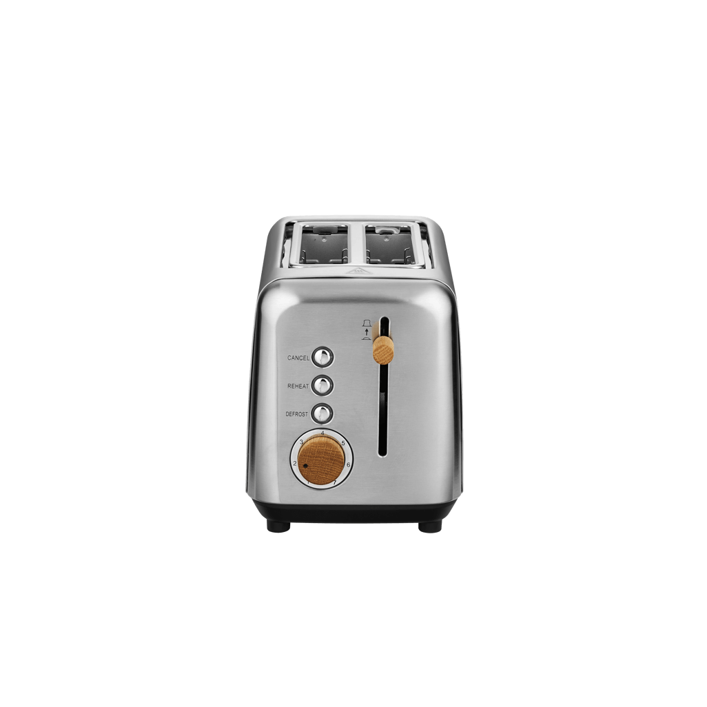 Boden Stark Anson Collection stainless steel toaster with red oak knob and 7-level browning control.