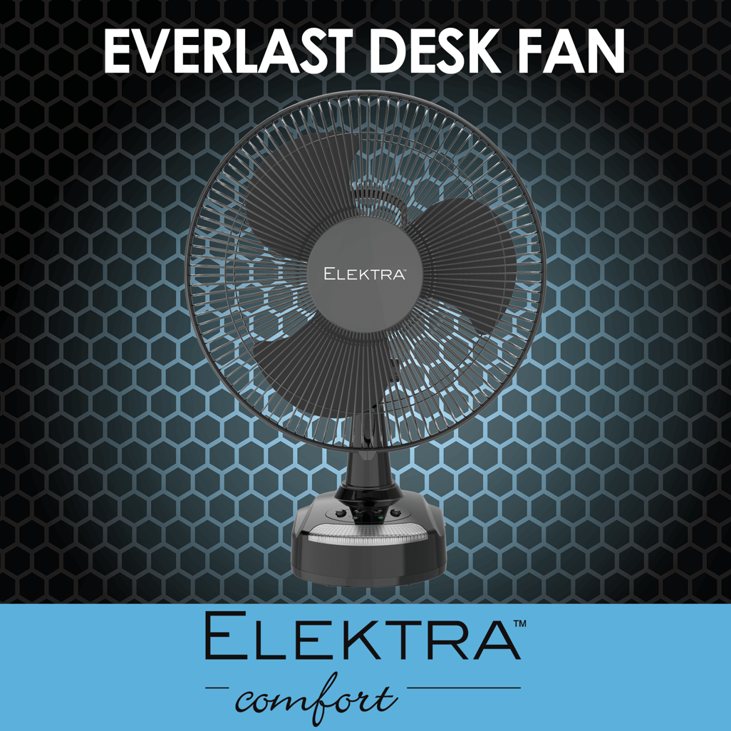 Elektra Everlast 12 inch desk fan with a stylish design and durable construction, perfect for home or office use.