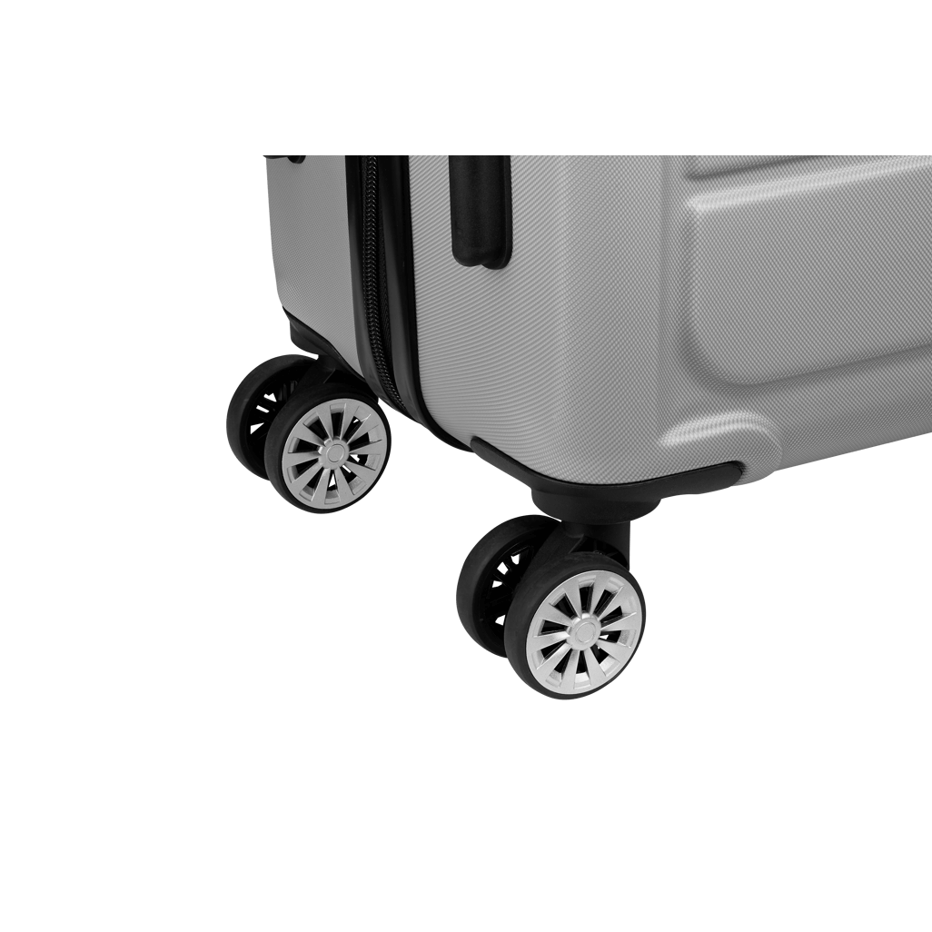 Close-up of Travelwize Maple ABS 55cm 4-wheel spinner luggage in silver, showcasing durable wheels for easy mobility.
