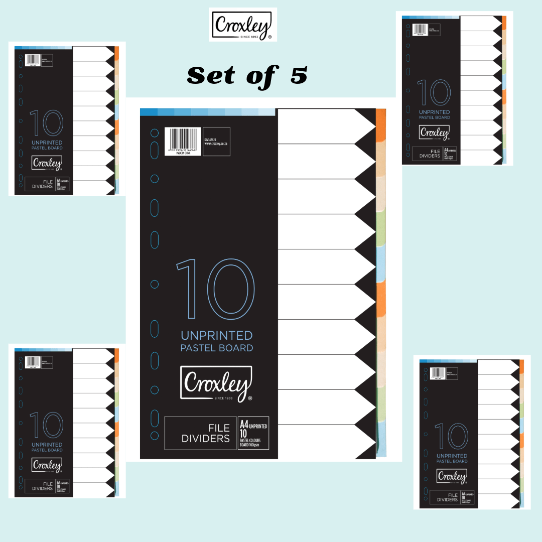 CROXLEY JD1478 160GSM Rainbow Dividers (10 Tab Rainbow Board)- Box of 25 Dividers