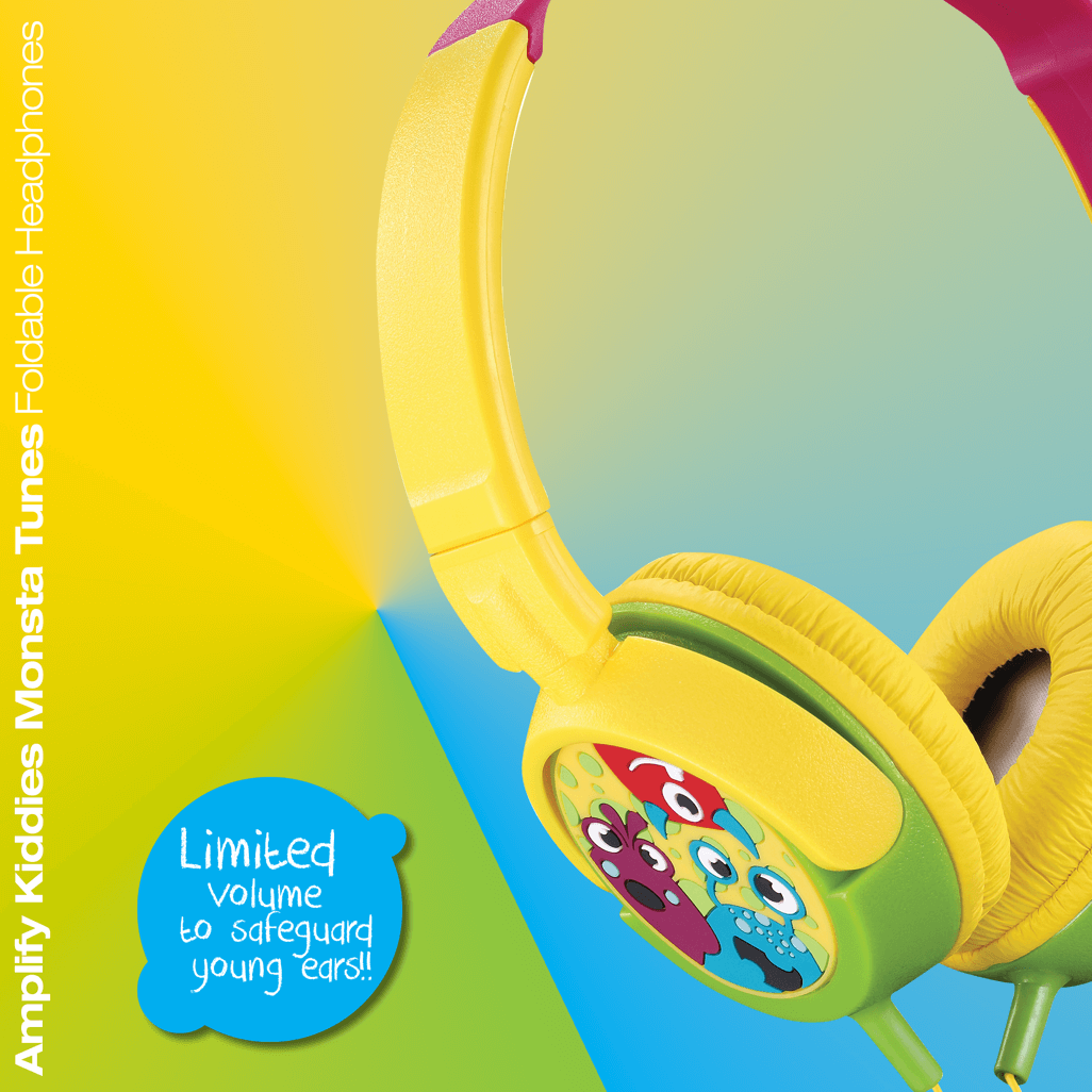 Amplify Kiddies Monsta Tunez Foldable Headphones with organic design, limited volume for young ears, colorful and safe for kids.