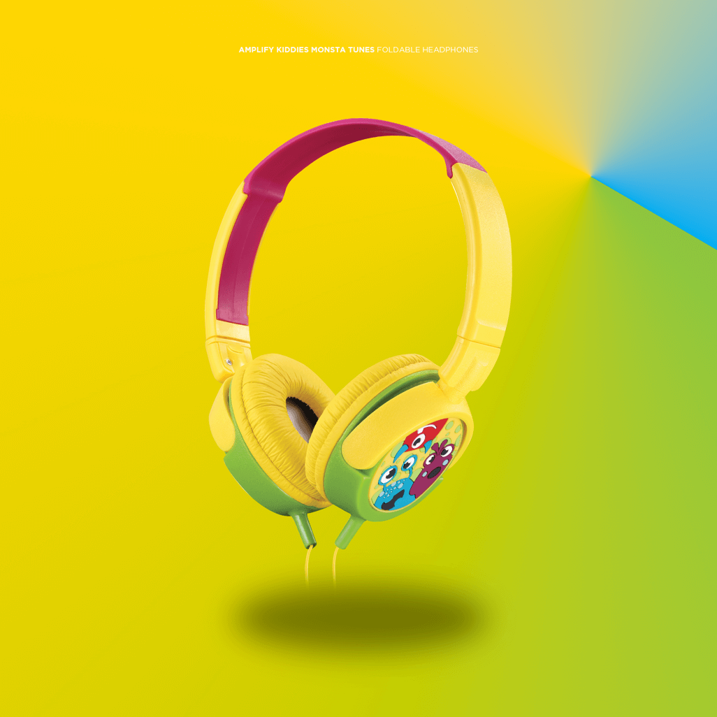 Amplify Kiddies Monsta Tunez Foldable Headphones in vibrant colors for kids, featuring soft ear pads and safe design.