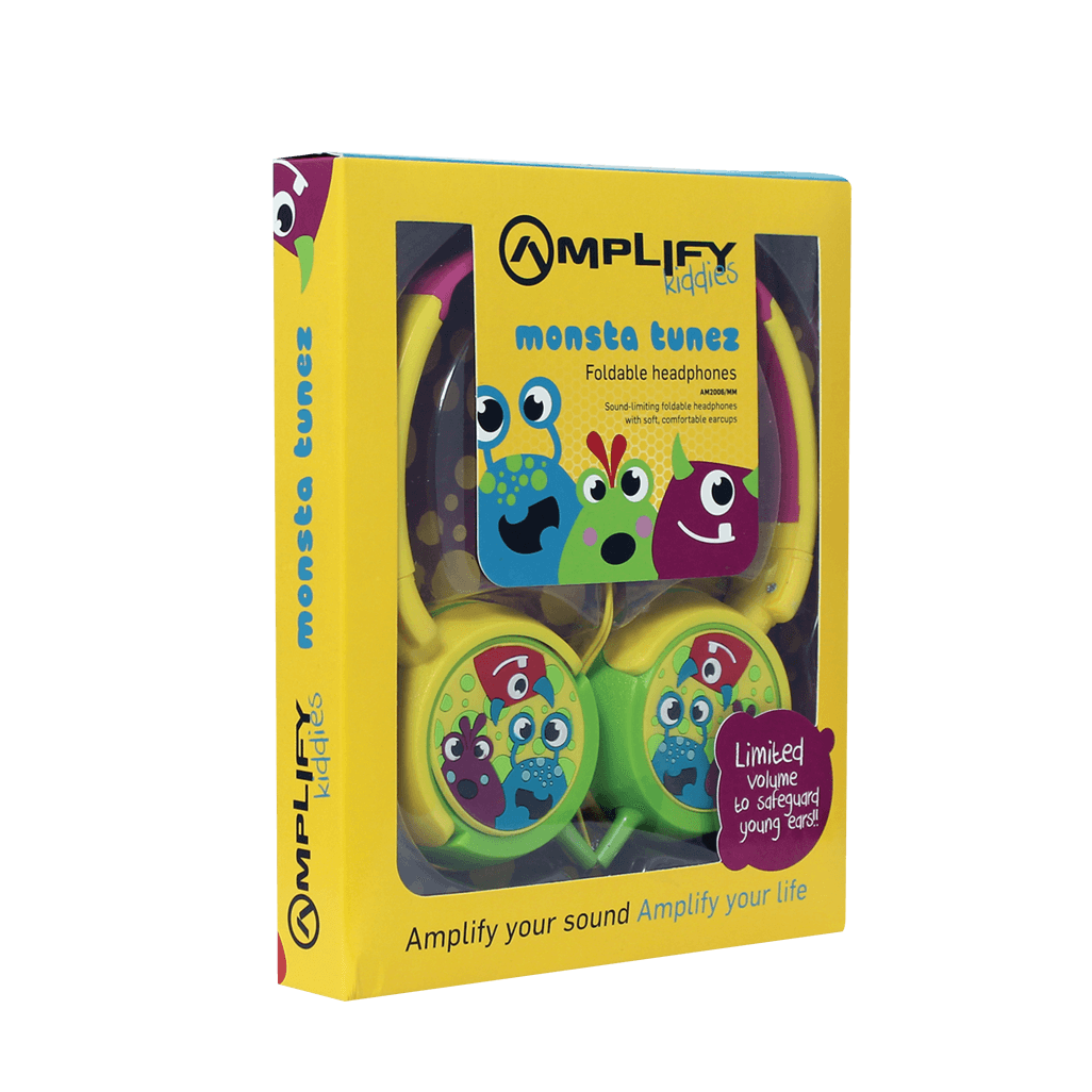 Amplify Kiddies Monsta Tunez foldable headphones packaging, designed for young ears with organic sound safety.