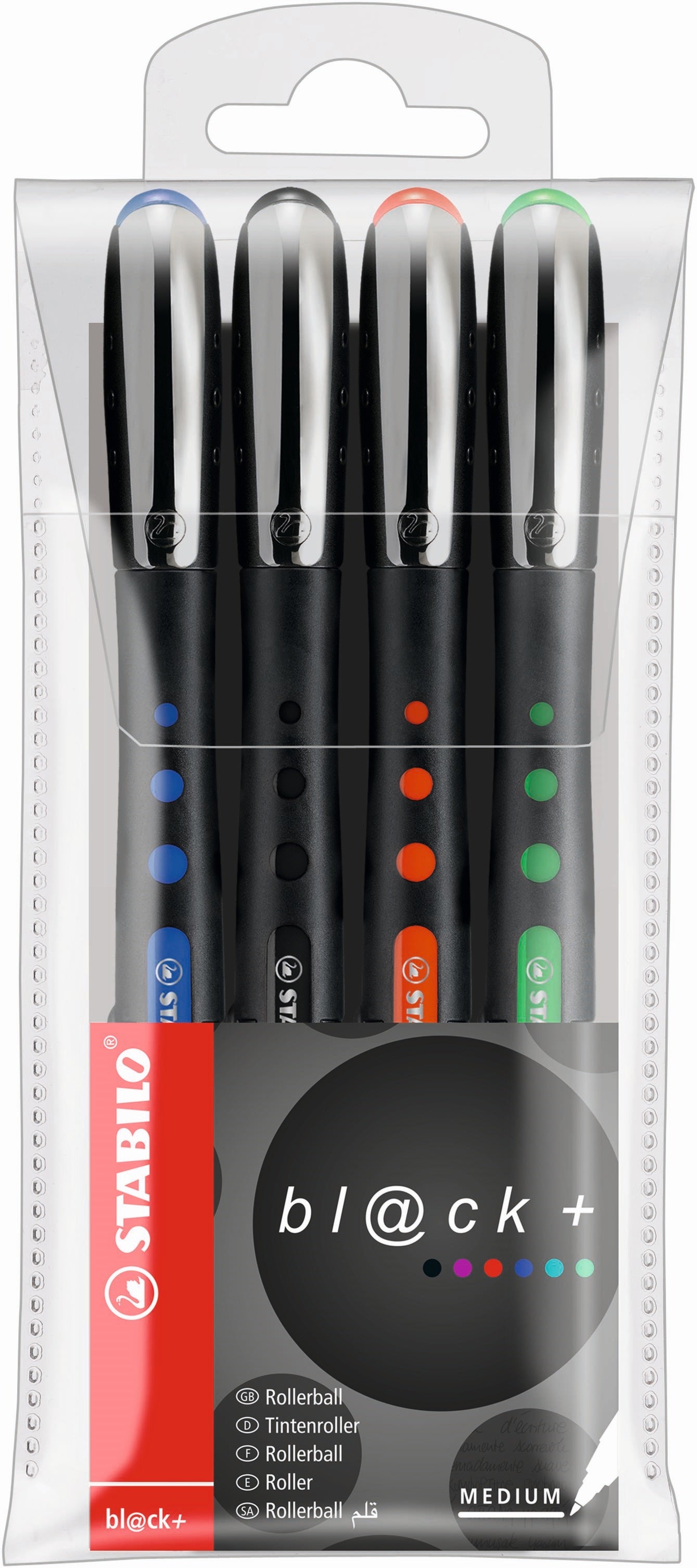 STABILO Bl@ck Rollerball Pen Medium Assorted Colours Wallet of 4