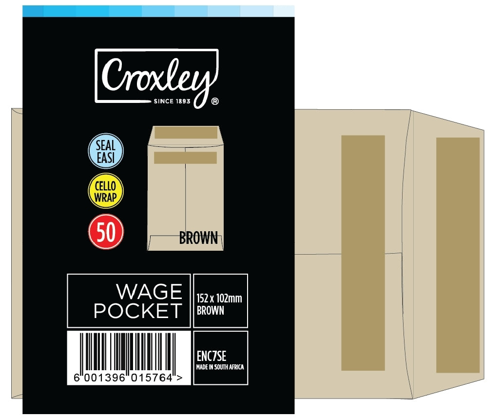 CROXLEY JD7SEC Plain Wage Pocket - No.7 - 152x102 - Cello 50's Box of 10 Pkts
