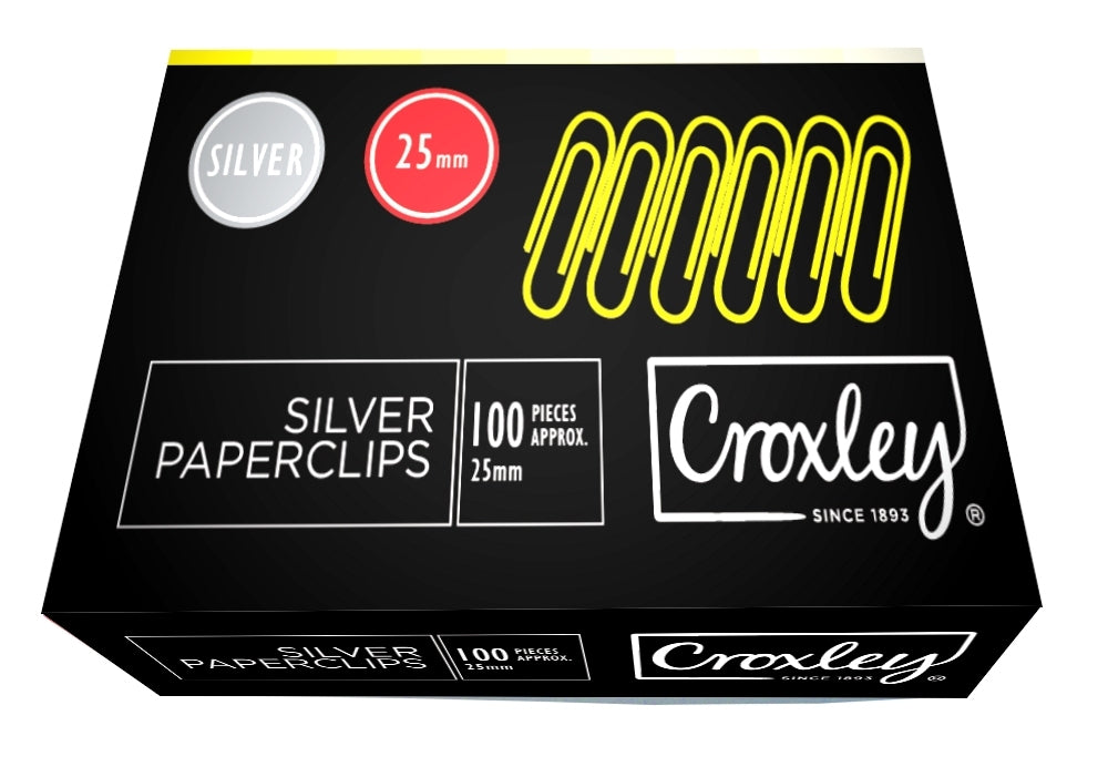 CROXLEY 25mm Sm/Silver Paper clips Box100 Pack of 10