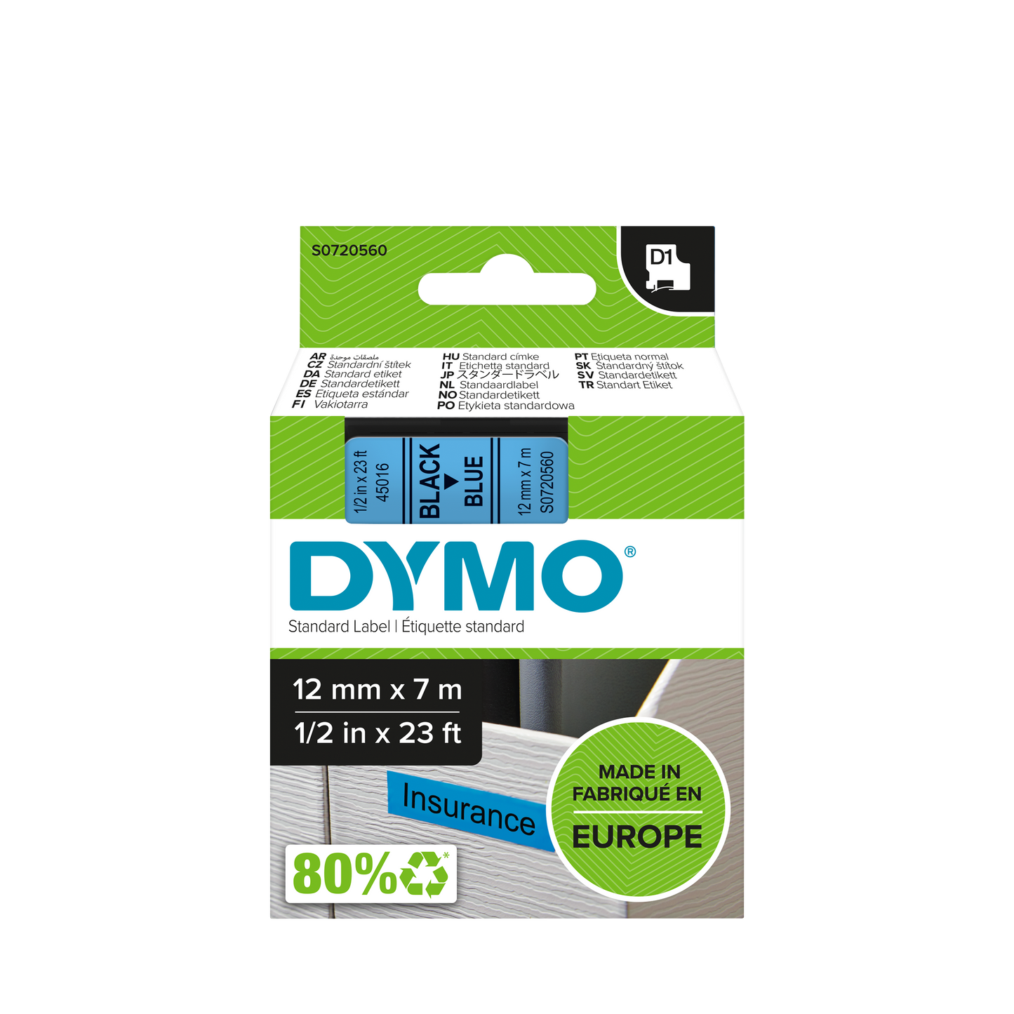 DYMO D1 Labelling Tape - Removable Polyester - Black on Blue - 12mmx7m