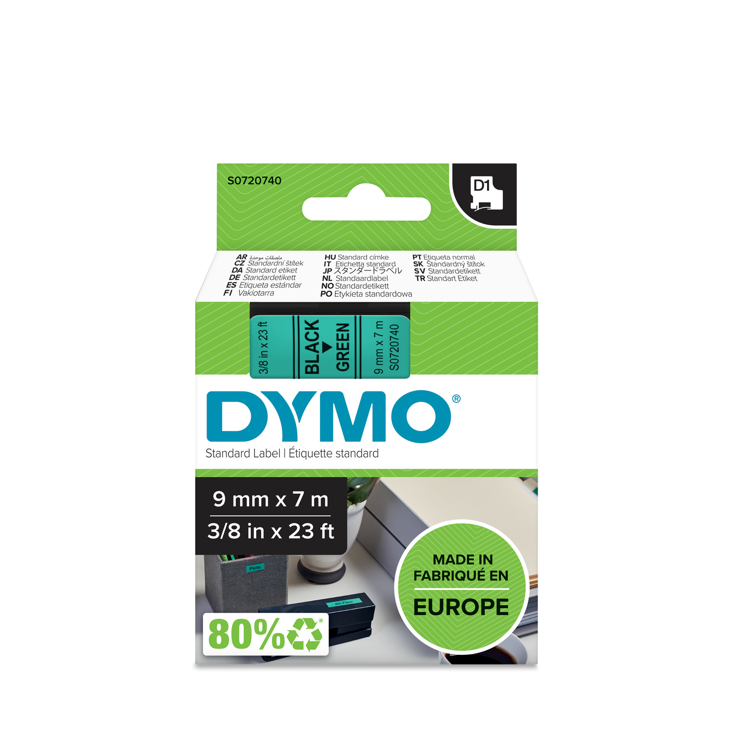 DYMO D1 Labelling Tape - Removable Polyester - Black on Green - 9mmx7m