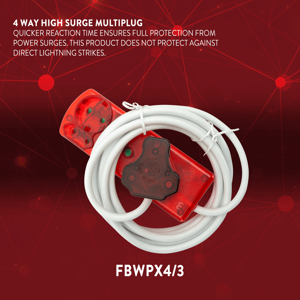 Ellies 4 Way High Surge Extension Lead - 3M with multiple outlets and surge protection features.