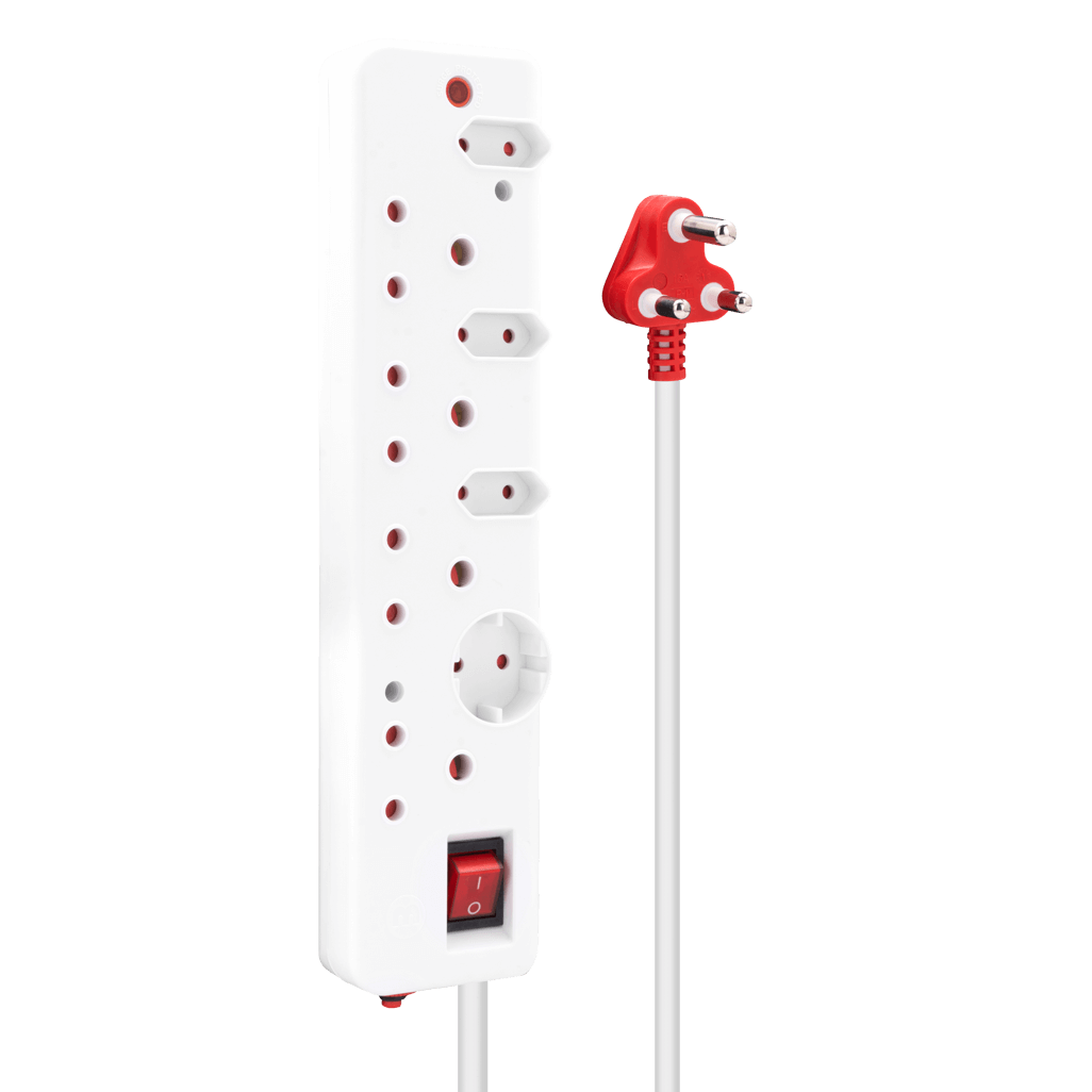 Ellies 8 Way Medium Surge Multiplug 0.5M with white body and red plug for multiple device connectivity.