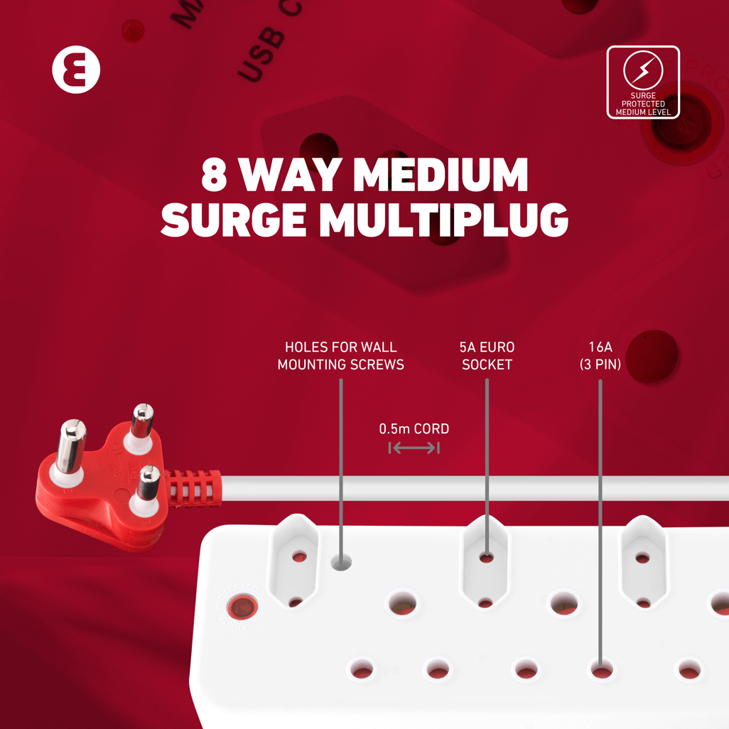 Ellies 8 Way Medium Surge Multiplug with 0.5M cord, 5A euro socket, and wall mounting holes.