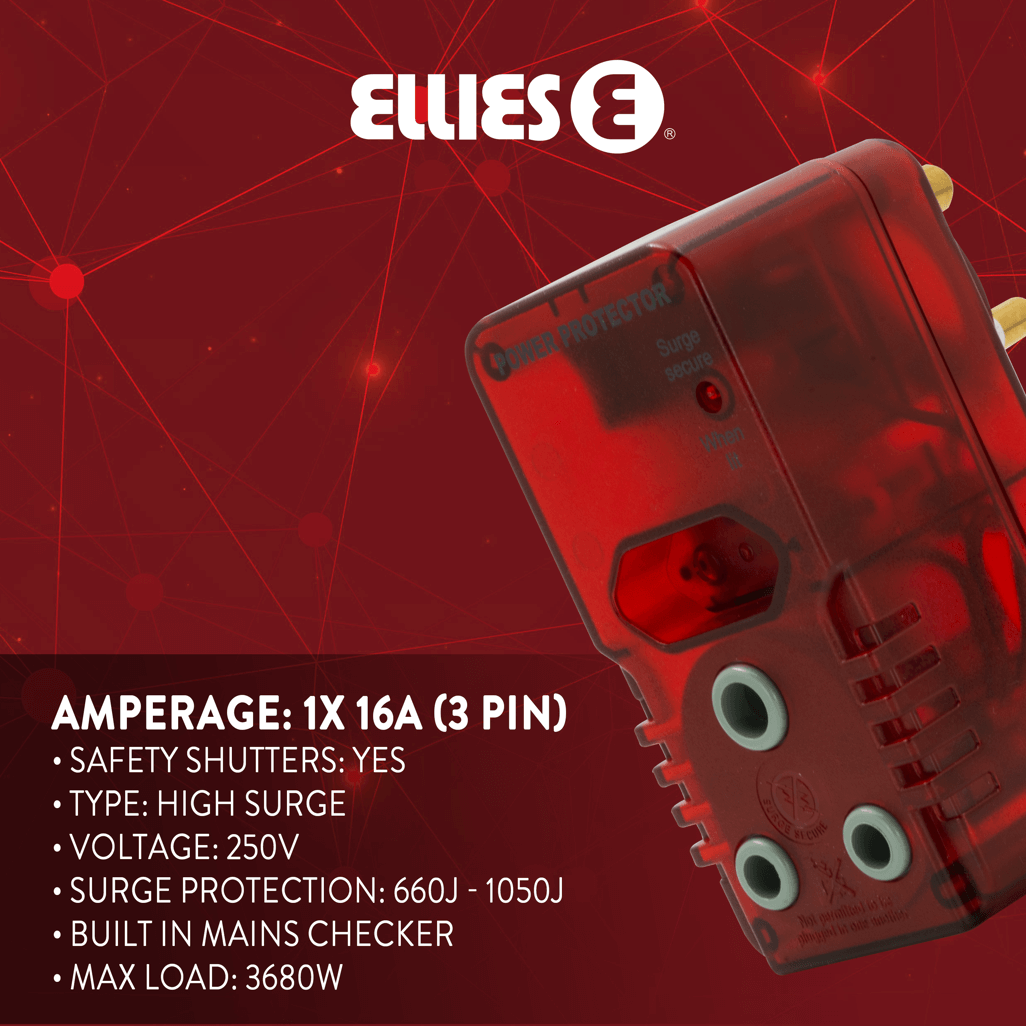 Ellies High Surge Adaptor with 1x 5A (Euro), 1x 16A (3 Pin) for surge protection, safety shutters, and built-in mains checker.