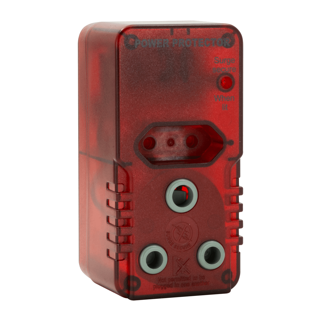 Ellies High Surge Adaptor in red, featuring 1x 5A Euro socket and 1x 16A 3-pin socket for effective power protection.