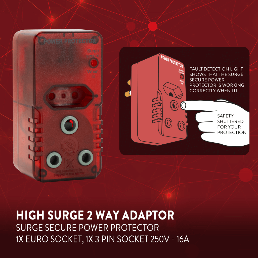 Ellies High Surge Adaptor, featuring 1x 5A Euro socket and 1x 16A 3 Pin socket for surge protection.