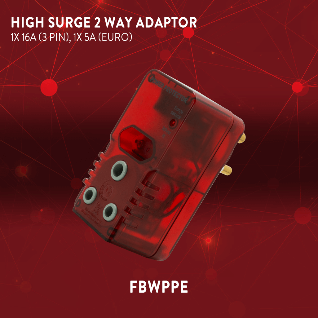 High Surge Adaptor 1x 5A (Euro), 1x 16A (3 Pin) with red design for surge protection and versatile use.