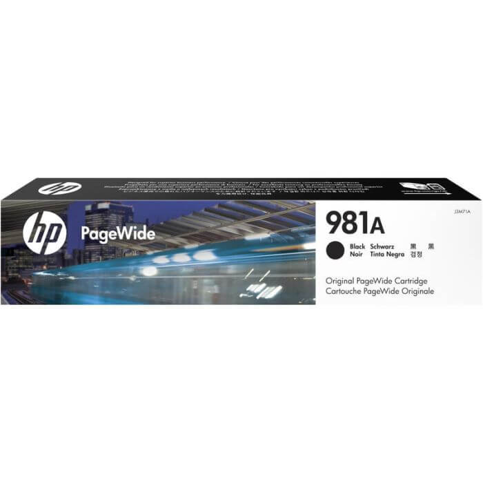 HP 981A Black Original PageWide Cartridge packaging, approximately 6,000 pages yield for high-quality printing.