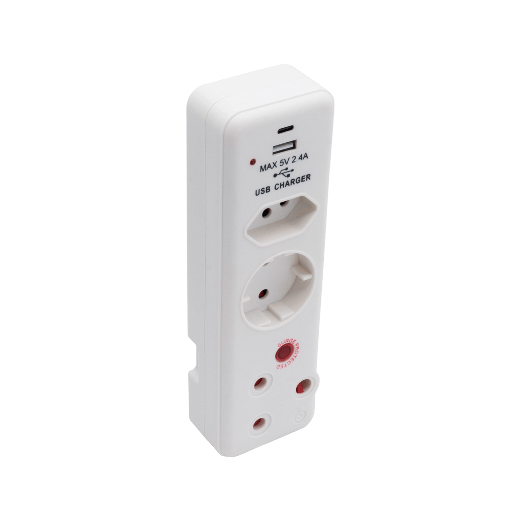 SWITCHED 3 Way Medium Surge adaptor Schuko,with type C + USB