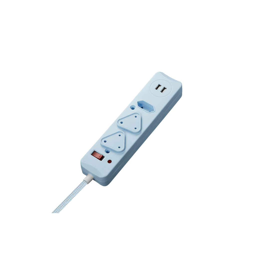 SWITCHED 3 Way Medium Surge Protected Multiplug with Dual 2.4A USB Ports 0.5M Braided Cord Blue