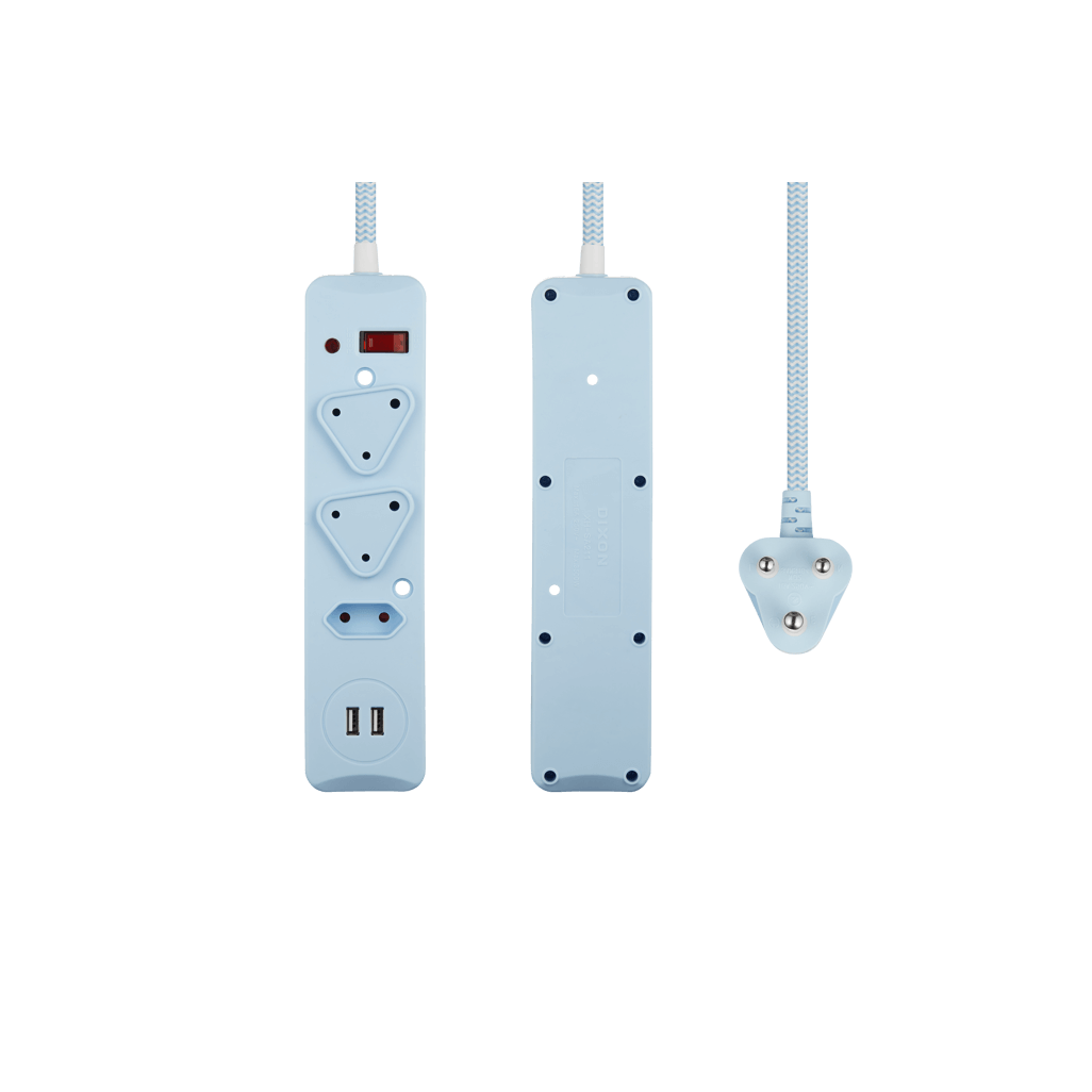 SWITCHED 3 Way Medium Surge Protected Multiplug with Dual 2.4A USB Ports 0.5M Braided Cord Blue