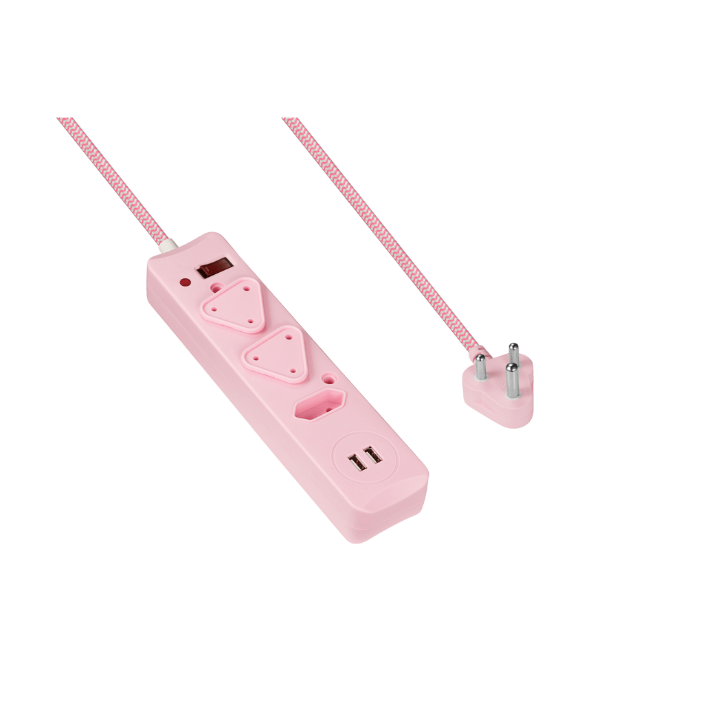 SWITCHED 3 Way Surge Protected Multiplug with Dual 2.4A USB Ports 3M Braided Cord Pink