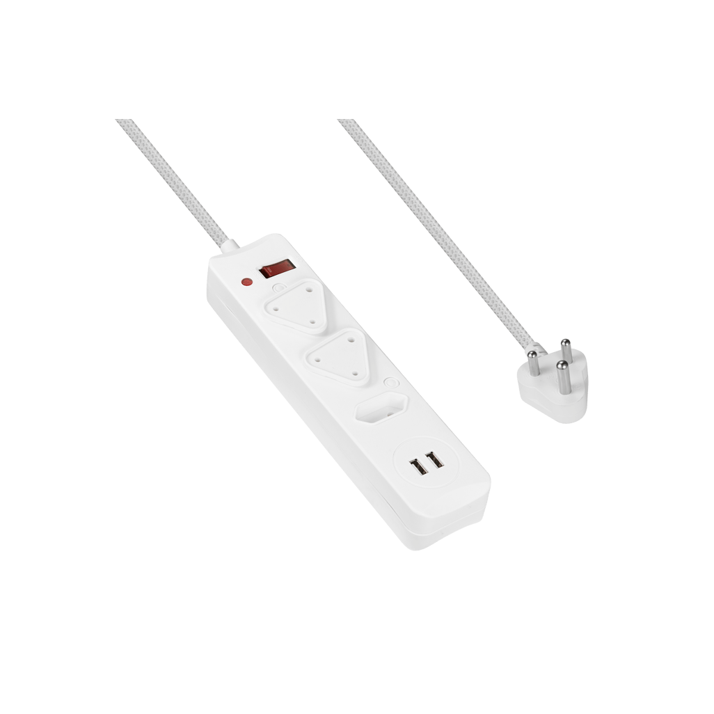 SWITCHED 3 Way Surge Protected Multiplug with Dual 2.4A USB Ports 3M Braided Cord White